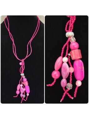 Colorful Hot Pink Seed Bead Tassel Pendant Necklace